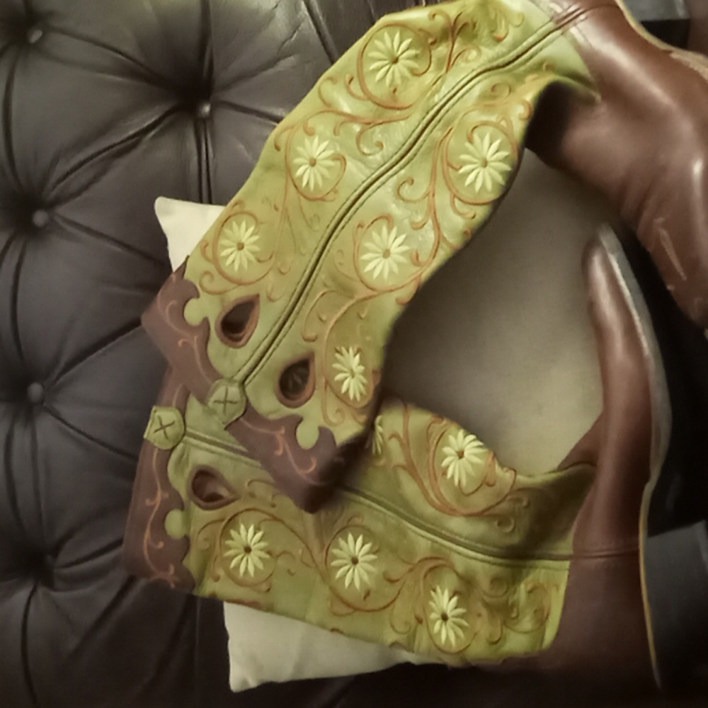 Twenty X womans tall boots..olive,rust,pale yellow,brown leather
